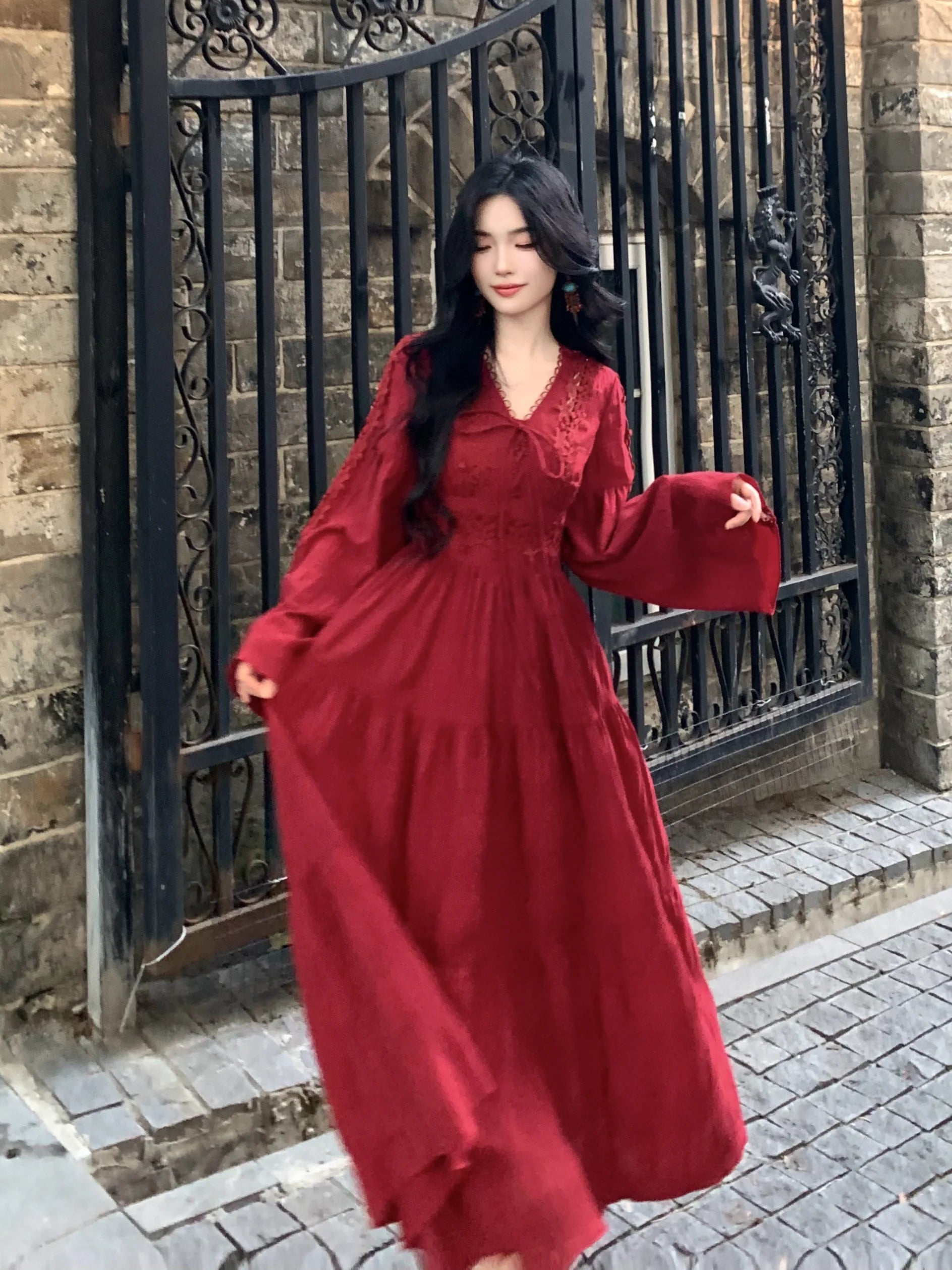 Ruby Elegance Lace-Up Maxi Dress