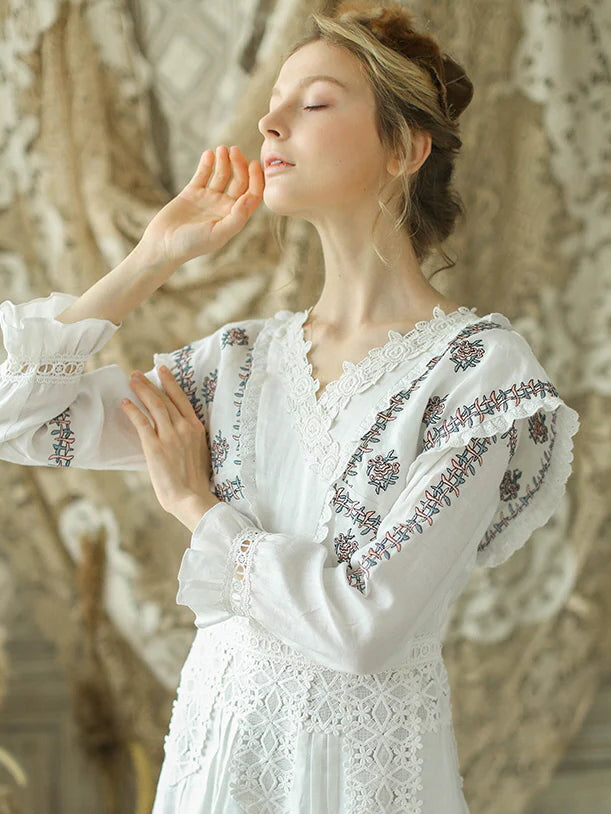 Victorian Floral Embroidered White Dress