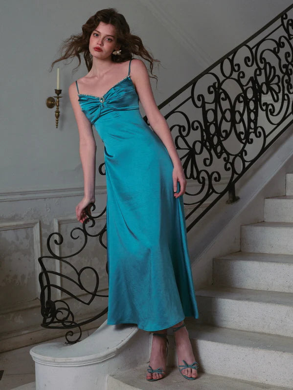 Turquoise Moonlit Satin Jewel Dress