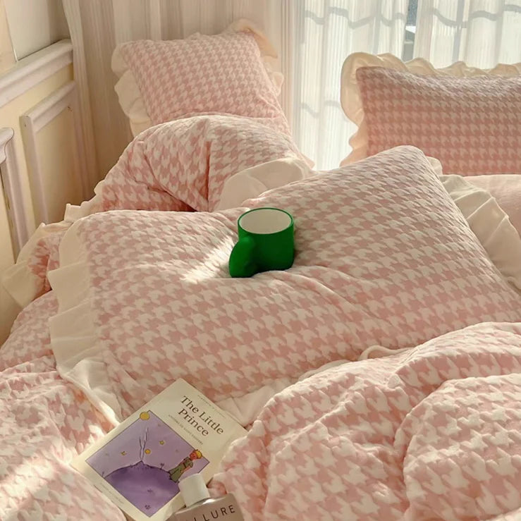 Pink Velvet Check Ruffled Bedding Set