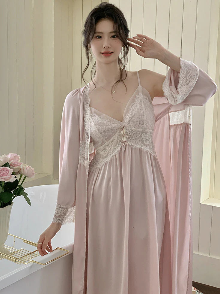 Blush Lace Trim Nightgown & Robe Set