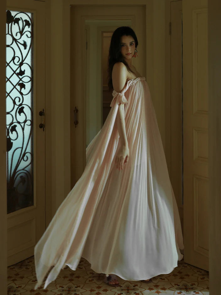 Off-Shoulder Blush Pleated Ribbon Dress