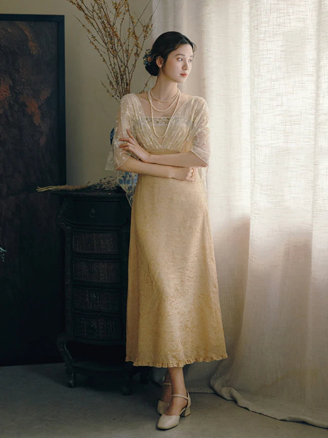 Golden Bloom Lace Overlay Dress