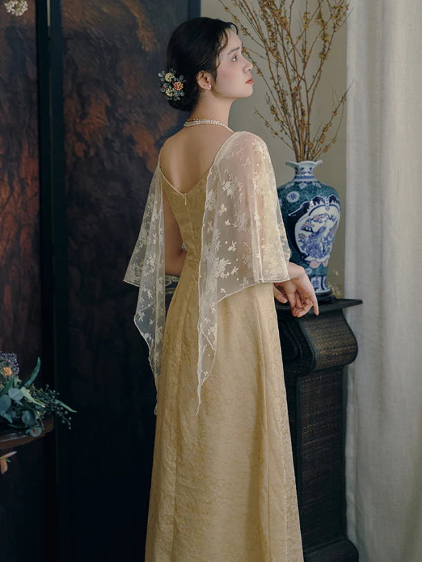 Golden Bloom Lace Overlay Dress