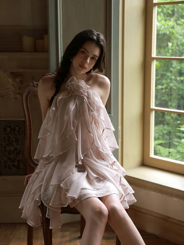 Blush Rose Ruffle Halter Dress