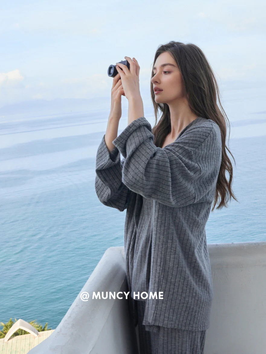 Gray Lace Trim Ribbed Pajama Set