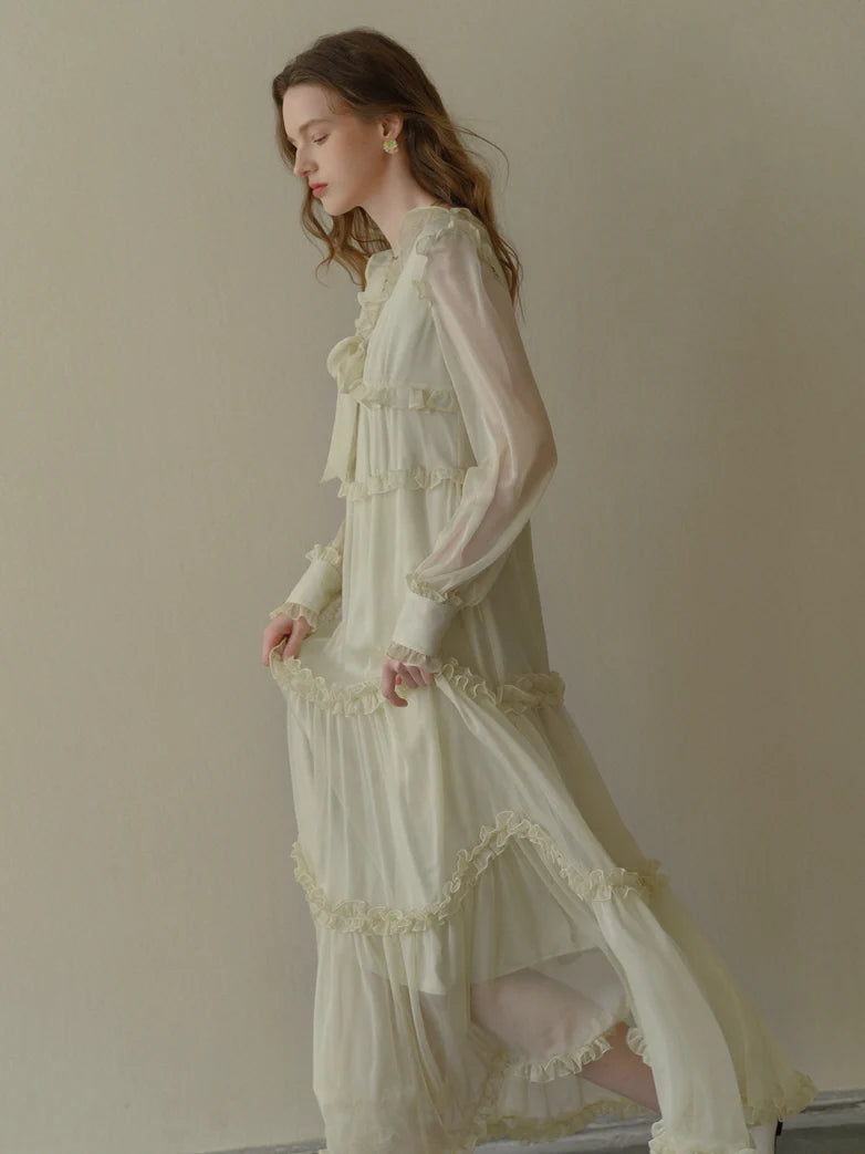 Soft Cream Ruffle Tiered Sheer Dress