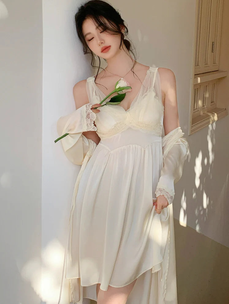 Ethereal Lace Cream Nightdress Set