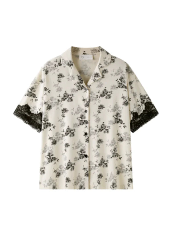 Black Rose Lace Trim Pajama Set