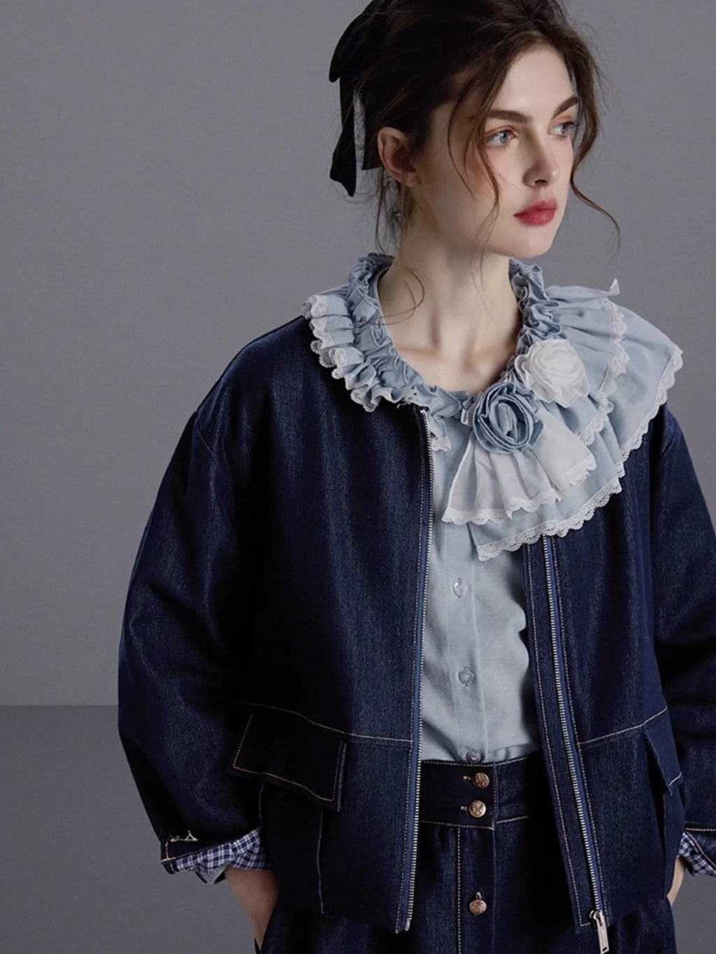 Blue Ruffled Linen-Blend Blouse