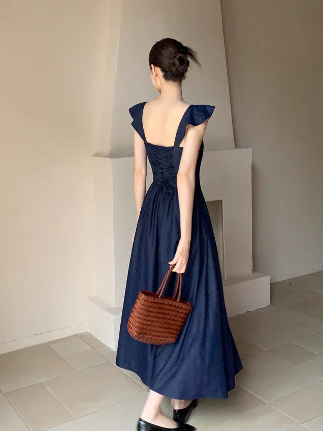 Navy Lace-Up Bodice Dress