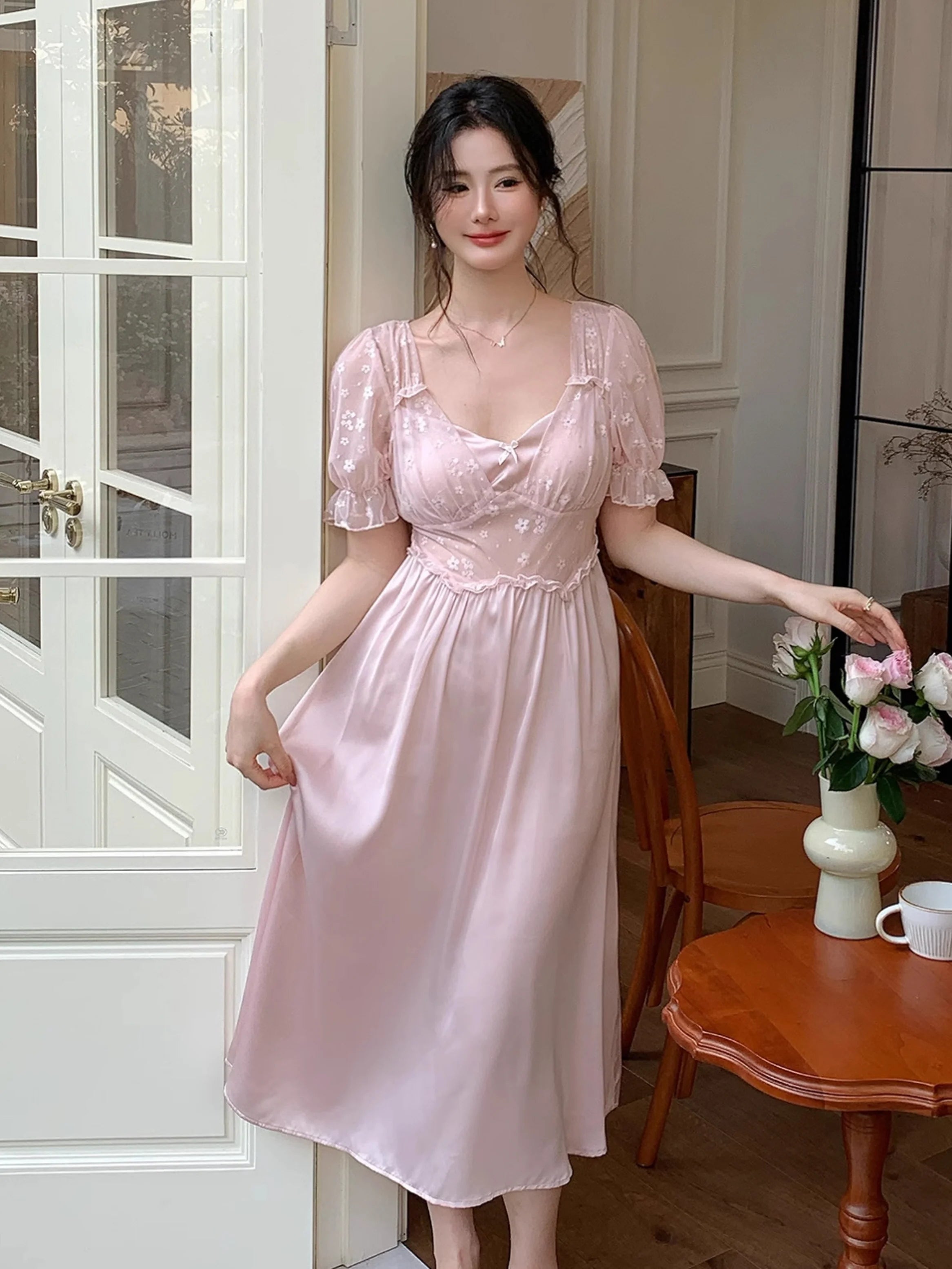 Blush Petal Embroidered Mesh Nightdress