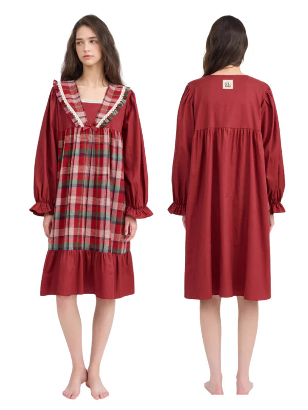 Plaid-Trim Cotton Loungewear Dress