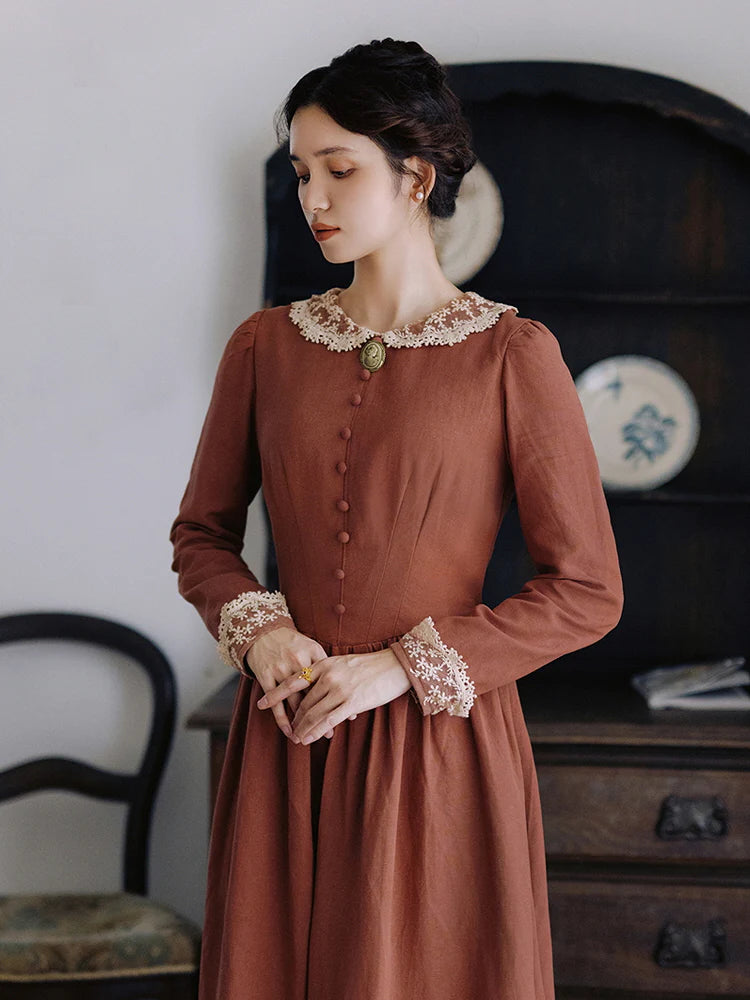 Autumn Rust Vintage Lace Collar Dress