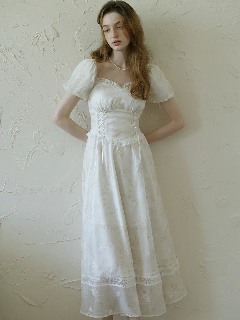White Floral Corset Waist Dress