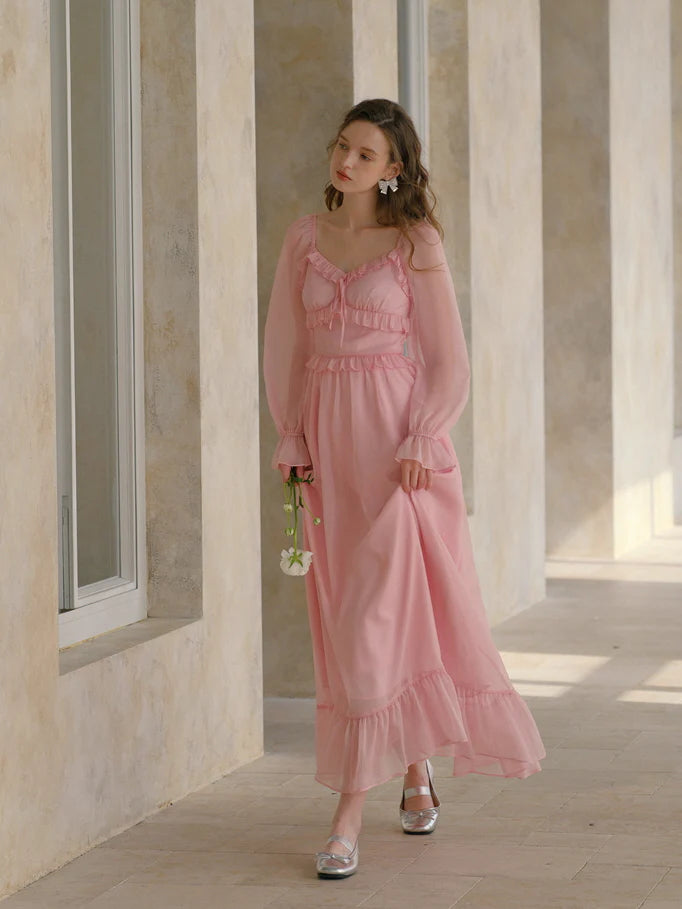 Blush Petal Frill Chiffon Dress