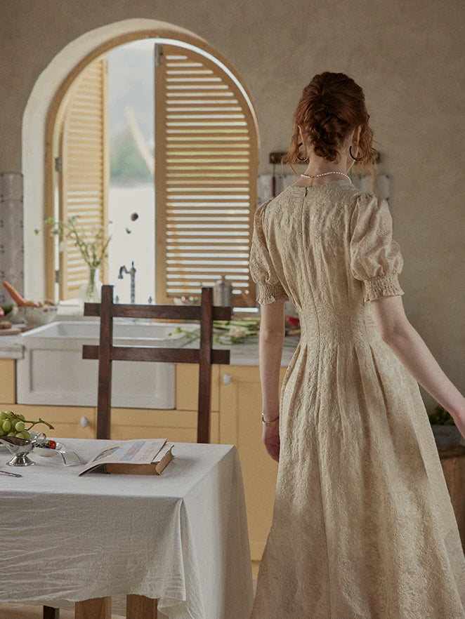 Vintage Lace Buttoned Puff Sleeve Dress