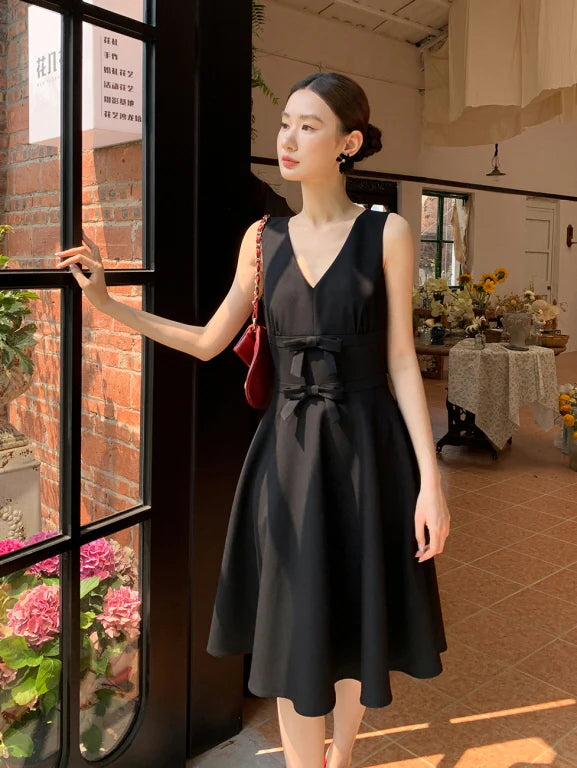 Double Ribbon Waist Classic Flare Dress