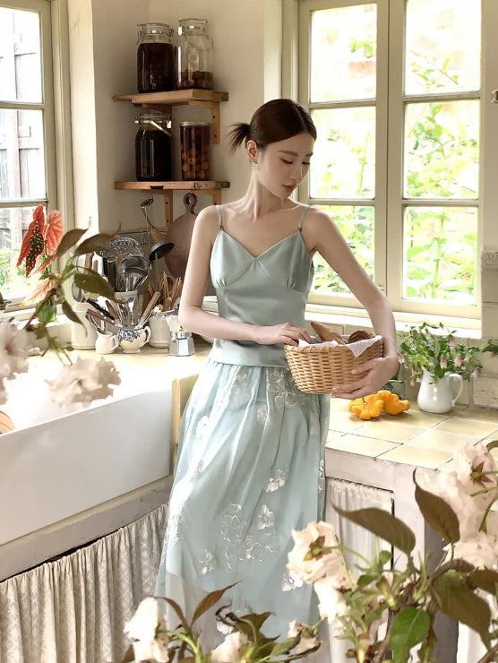 Whispering Petal Satin Top & Embroidered Tulle Skirt