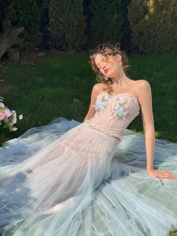 Pastel Bloom Embroidered Corset & Tulle Skirt
