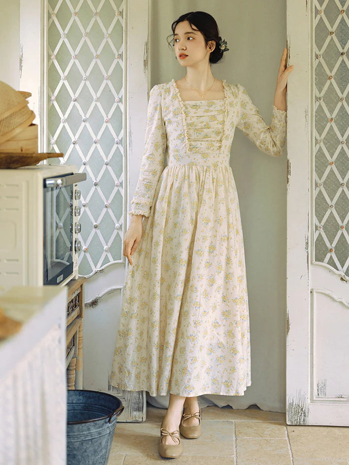 Floral Cottagecore Long-Sleeve Cotton Dress