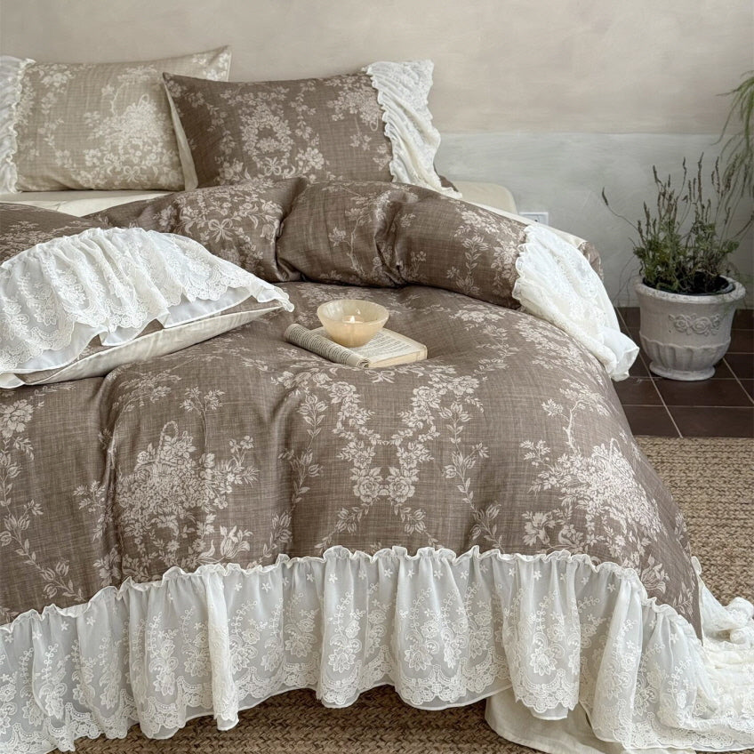 Brown Floral Lace Ruffle Bedding Set