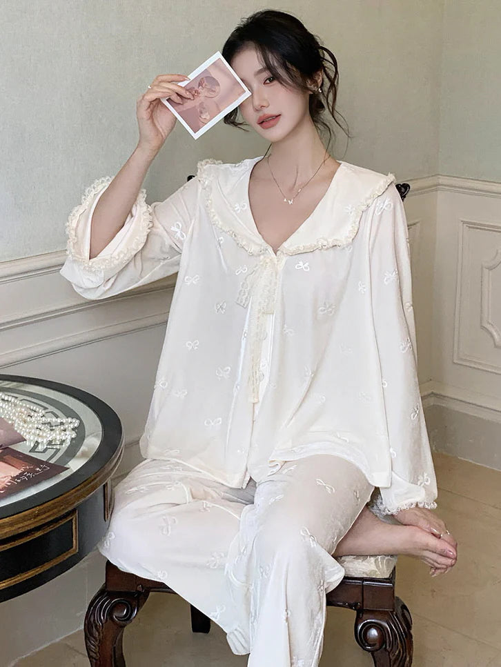 Whimsical Bow Lace Trim Loungewear Set