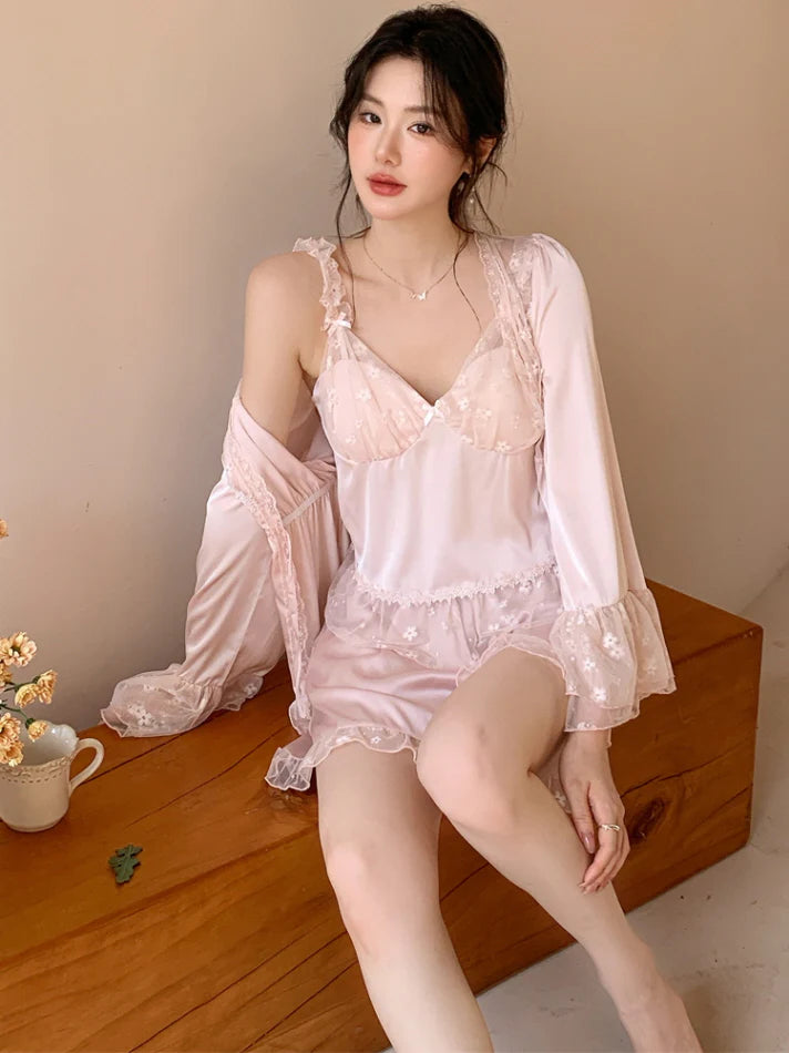 Blush Lace Layered 3-Piece Pajama Set