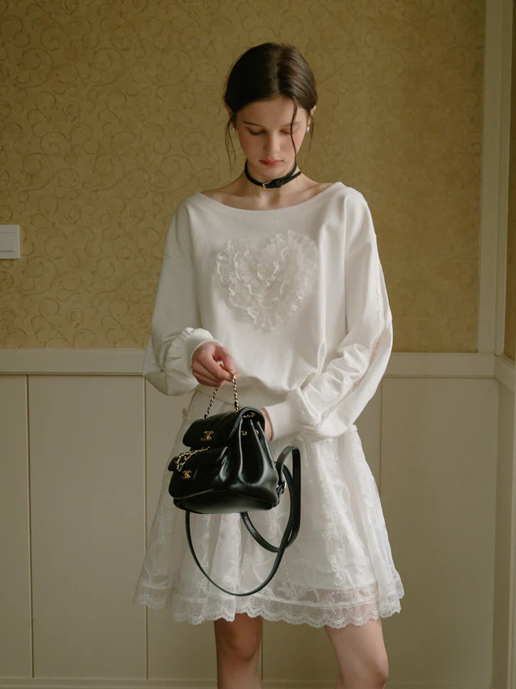 Coquette Lace Heart Off-Shoulder Sweatshirt