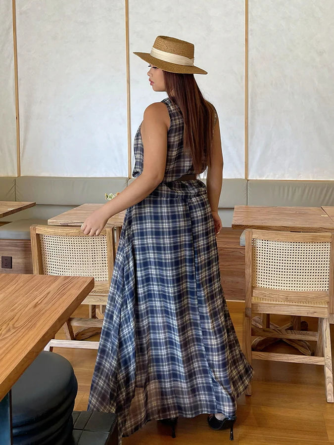 Vintage Check Sleeveless Top & Maxi Skirt Set
