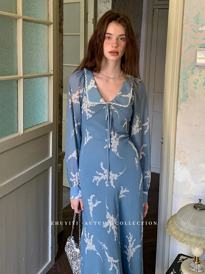 Blue Floral Retro Maxi Dress