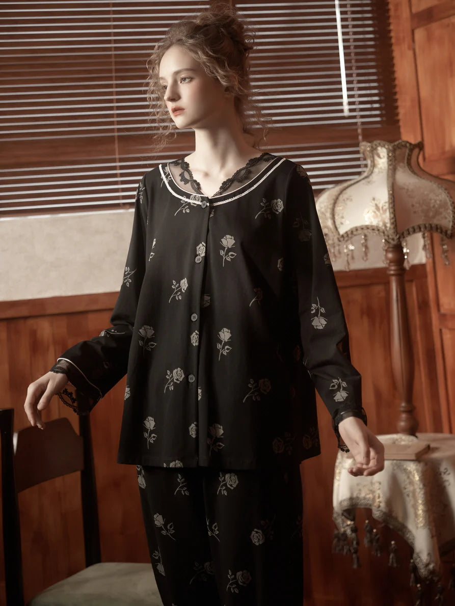 Vintage Rose Lace Trim Pajama Set