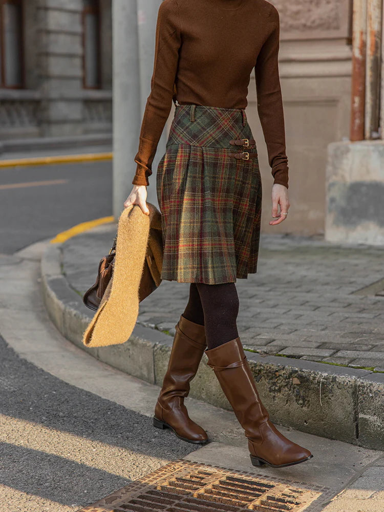 Vintage Wool Plaid Buckle Green Checkered Skirt