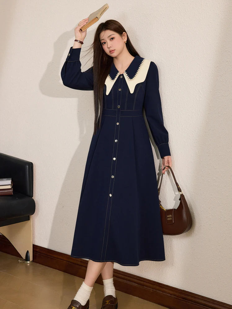 Navy Elegance Vintage Collar Dress