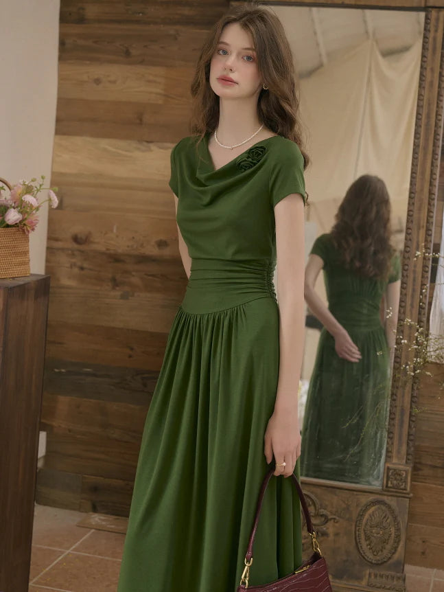 Emerald Whisper Draped Neckline Dress