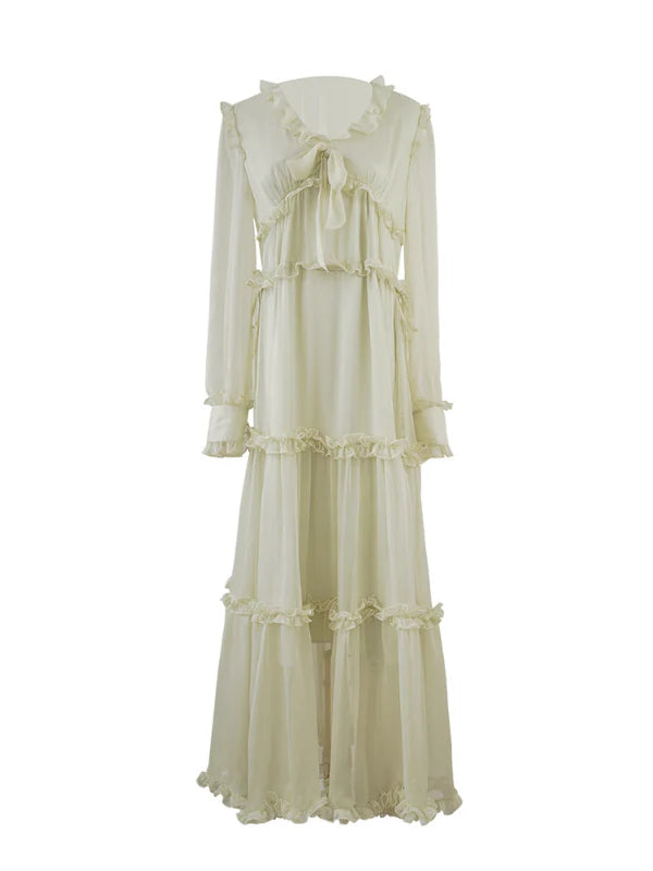 Soft Cream Ruffle Tiered Sheer Dress