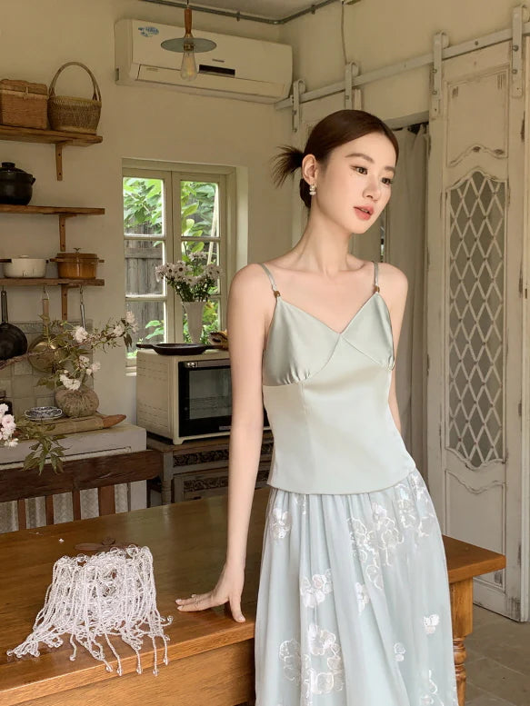 Whispering Petal Satin Top & Embroidered Tulle Skirt