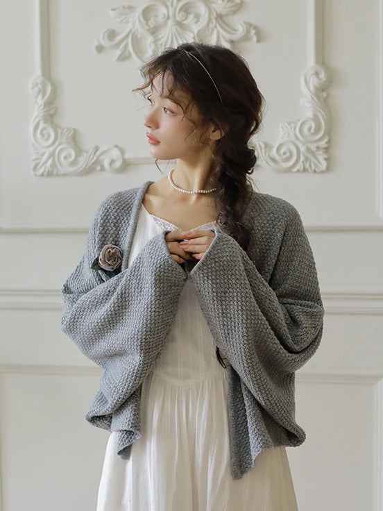 Floral Brooch Wool Blend Knit Cardigan