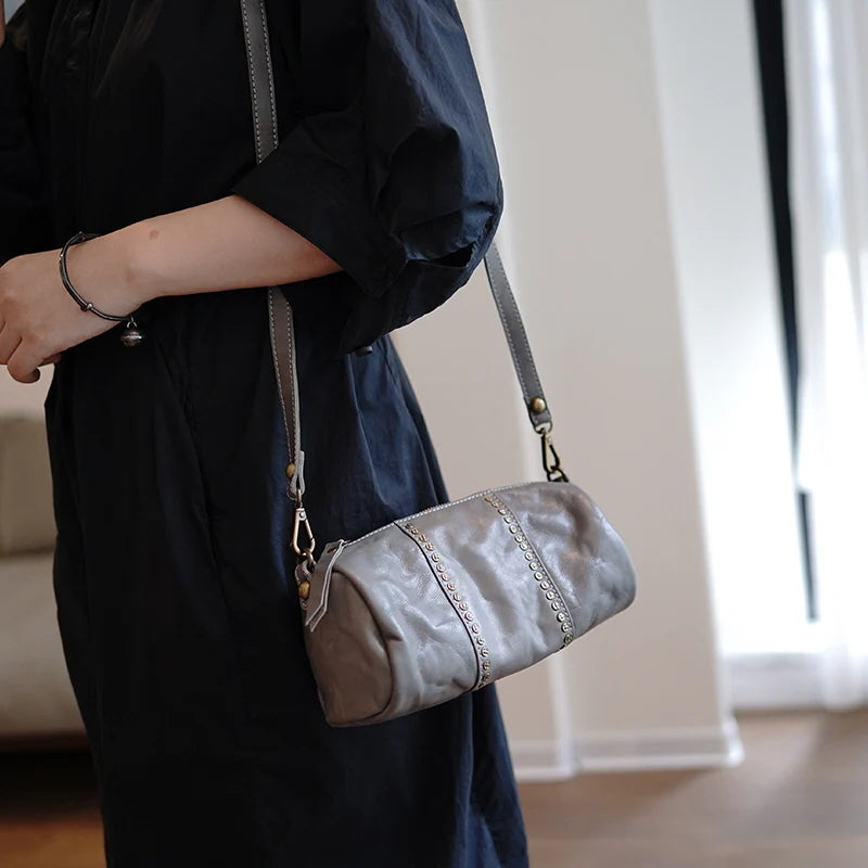Studded Genuine Leather Barrel Crossbody Bag