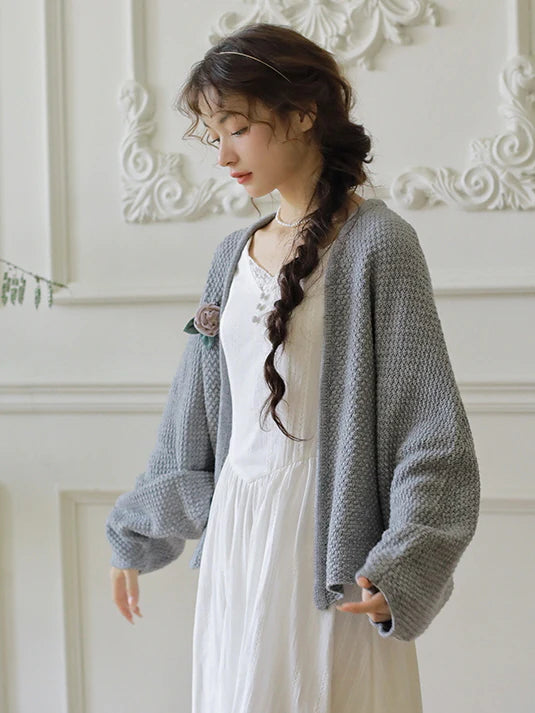 Floral Brooch Wool Blend Knit Cardigan