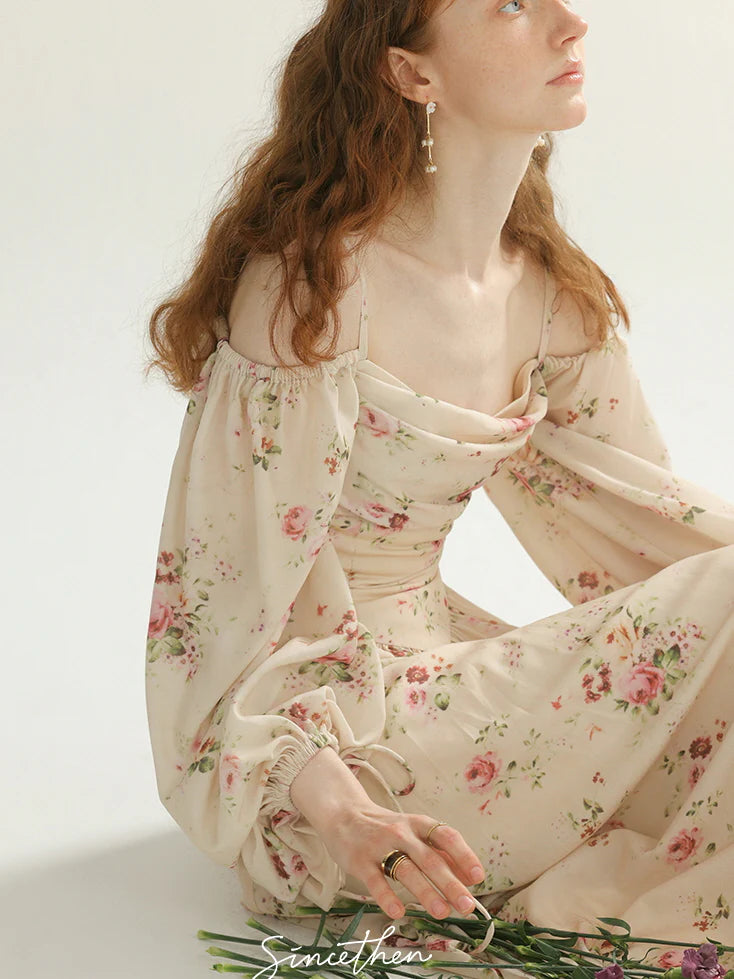 Vintage Rose Garden Off-Shoulder Dress