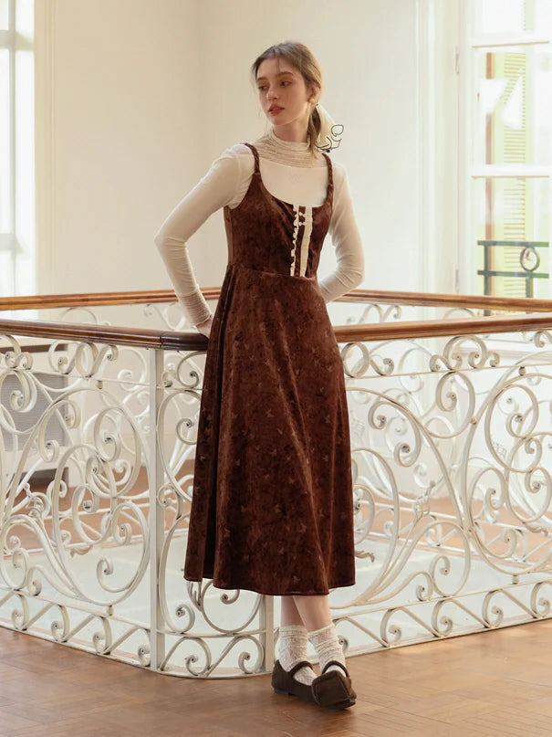 Butterfly Embossed Velvet Pinafore Dress