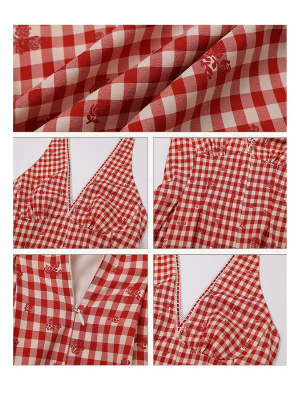 Romantic Gingham Red Check Halter Dress
