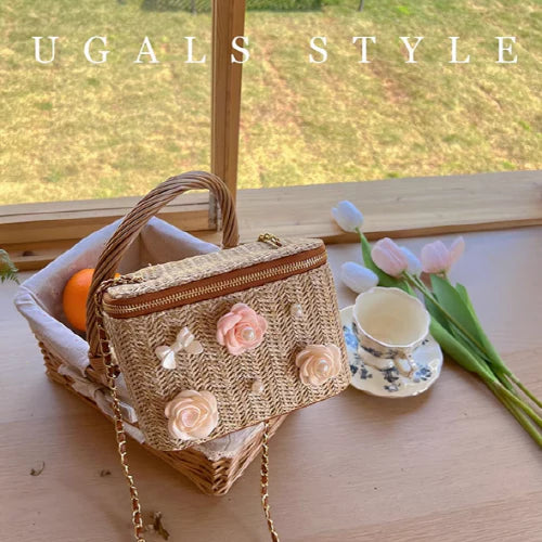 Flower Straw Woven Square Chain Bag