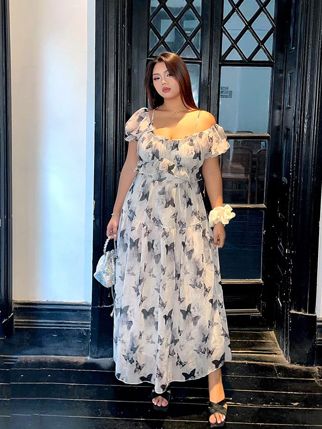 Butterfly Off-Shoulder Chiffon Dress
