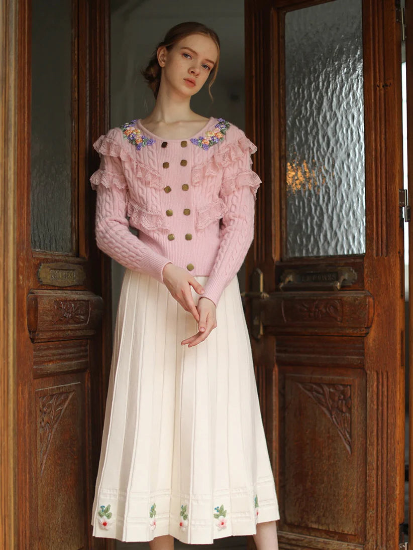 Delicate Floral Embroidered Ruffle Cardigan