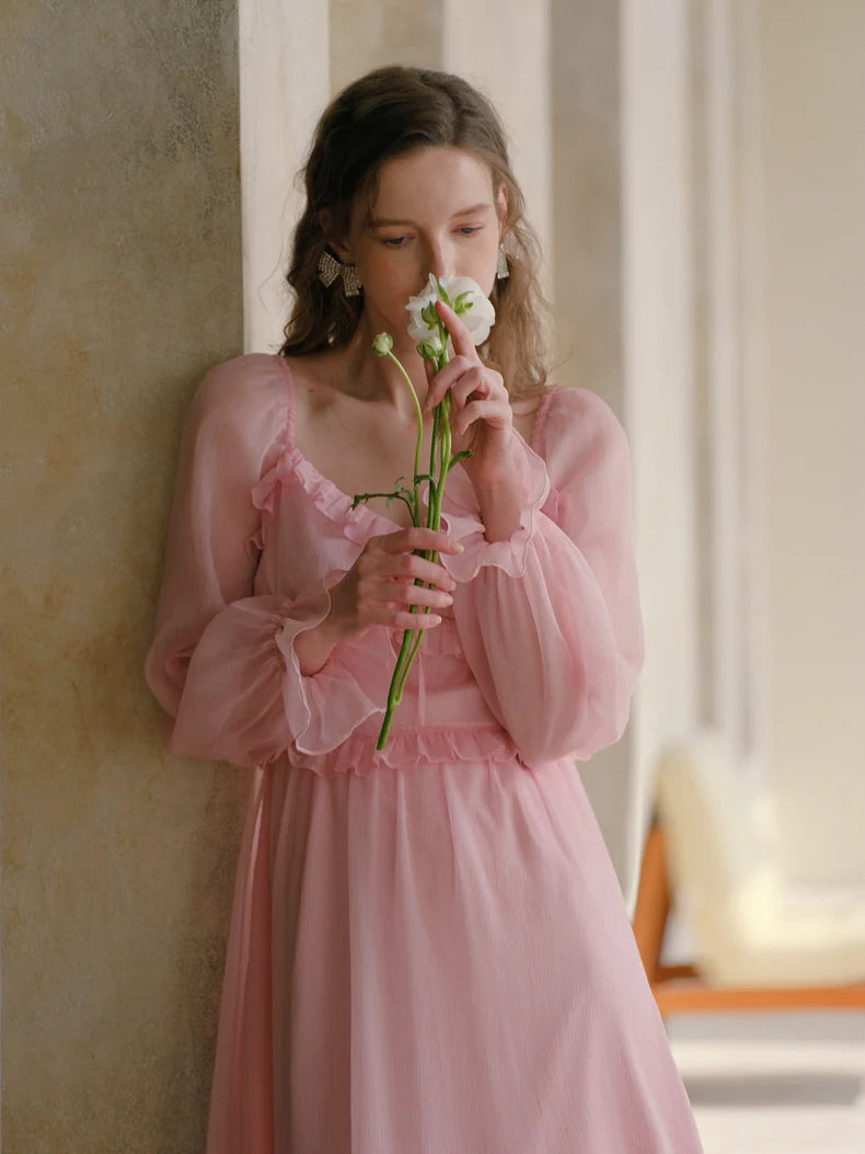 Blush Petal Frill Chiffon Dress