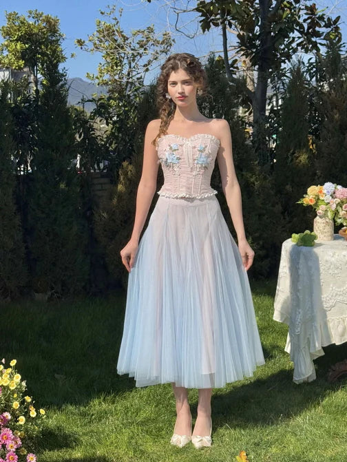 Pastel Bloom Embroidered Corset & Tulle Skirt