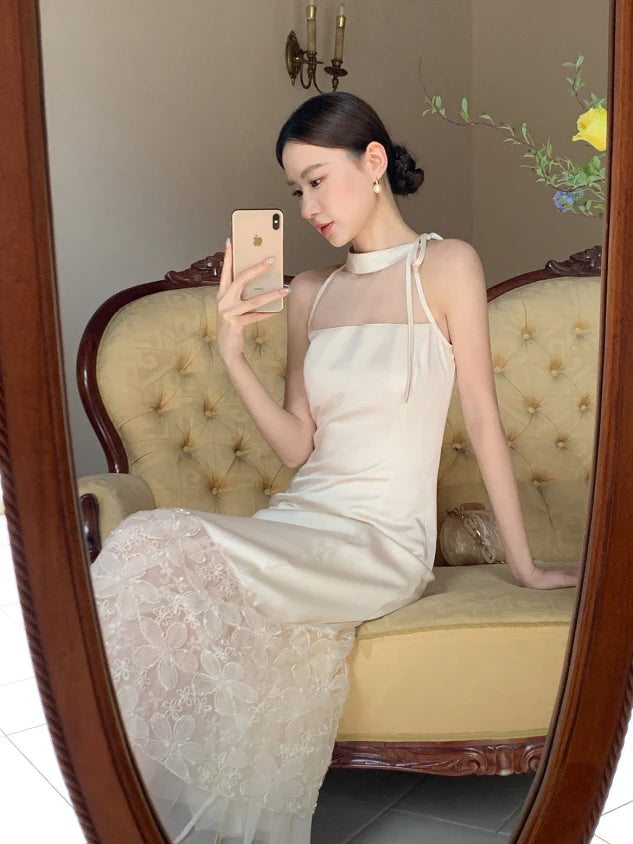 Moonlight Petal Lace Halter Dress