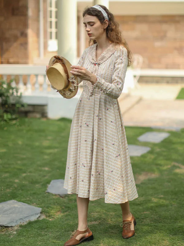 Beige Harmony of Lace Check Dress